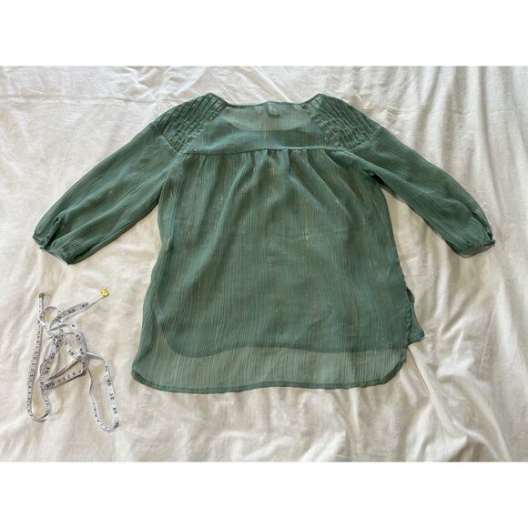 Lauren Conrad Green Sheer Blouse M | Gold Metallic Striped Peasant Top - Picture 2 of 5